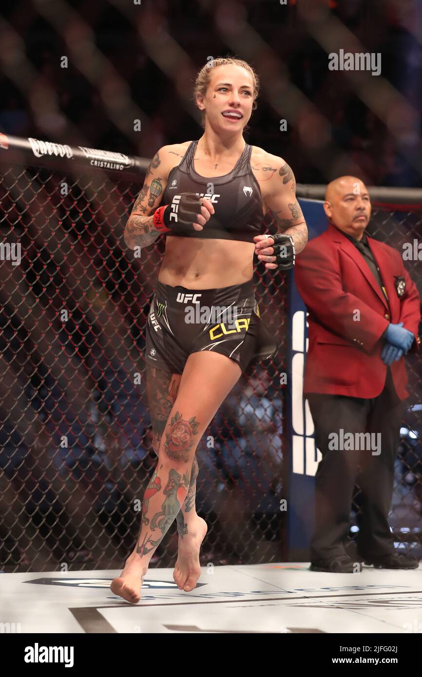 LAS VEGAS, NV - JULY 2: Jessica-Rose Clark prepares to fight Julija Stoliarenko in their Women’s Bantamweight bout at UFC 276 at the T-Mobile Arena on July 2, 2022 in Las Vegas, Nevada, United States.(Photo by Alejandro Salazar/PxImages) Stock Photo