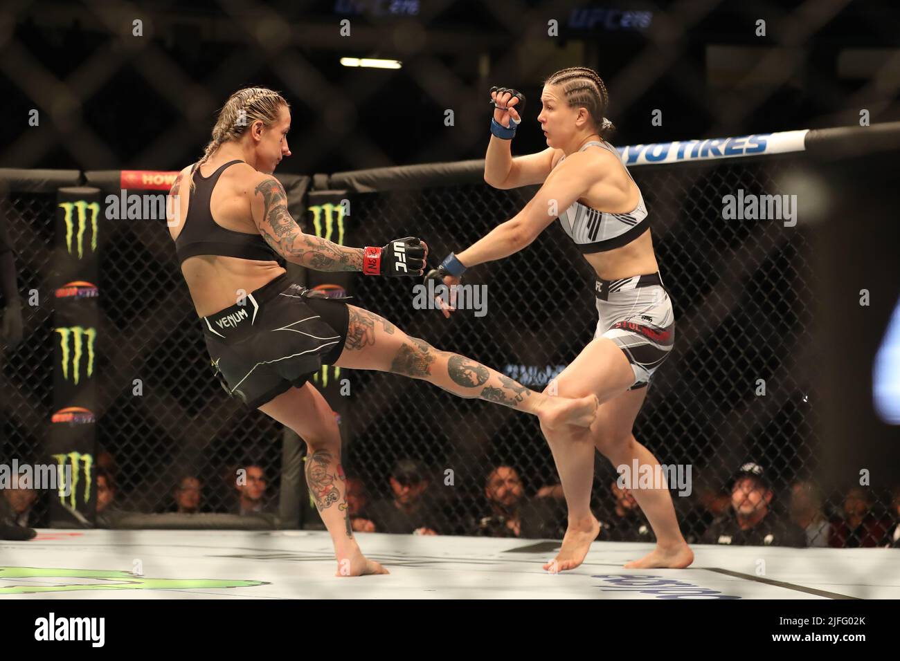 LAS VEGAS, NV - JULY 2: (L-R) Jessica-Rose Clark kicks Julija Stoliarenko in their Women’s Bantamweight bout at UFC 276 at the T-Mobile Arena on July 2, 2022 in Las Vegas, Nevada, United States.(Photo by Alejandro Salazar/PxImages) Stock Photo