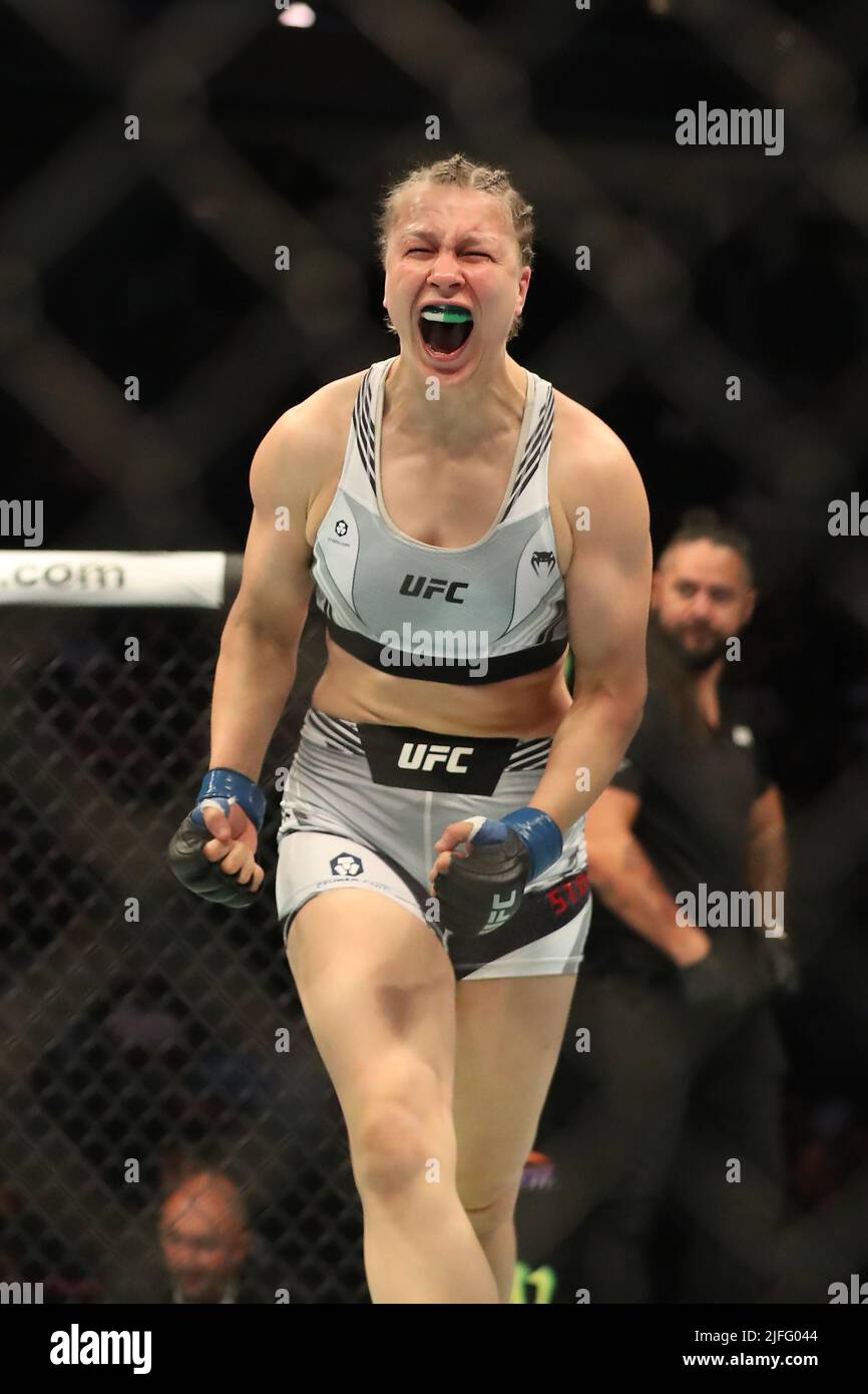 LAS VEGAS, NV - JULY 2: Julija Stoliarenko celebrates her victory over Jessica-Rose Clark in their Women’s Bantamweight bout at UFC 276 at the T-Mobile Arena on July 2, 2022 in Las Vegas, Nevada, United States.(Photo by Alejandro Salazar/PxImages) Stock Photo