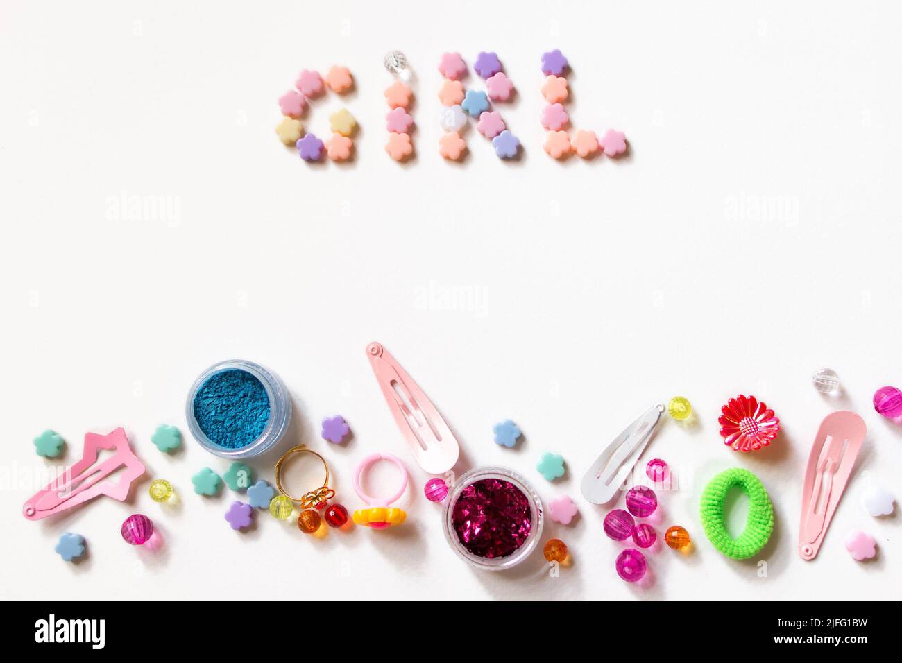 Little girl accessories lifestyle set on white Stock Photo Alamy