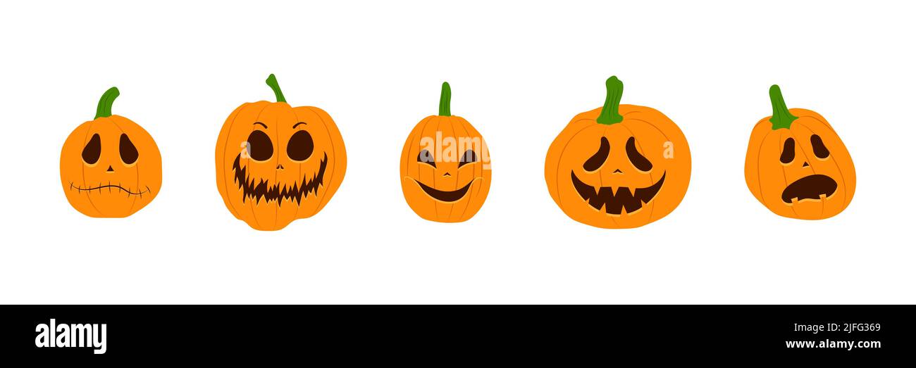 Set of Halloween pumpkins with scary smiling faces. Vector flat style ...