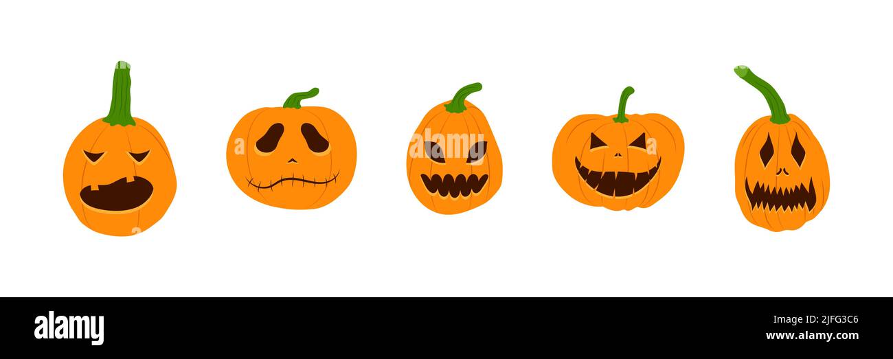 Set of Halloween pumpkins with scary smiling faces. Vector flat style ...