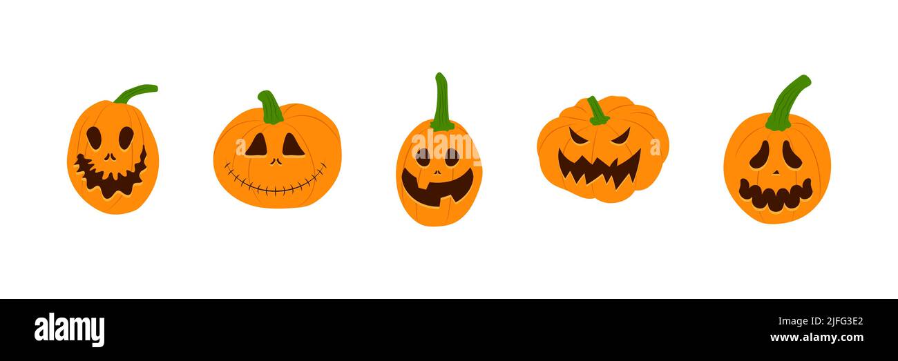 Set of Halloween pumpkins with scary smiling faces. Vector flat style ...