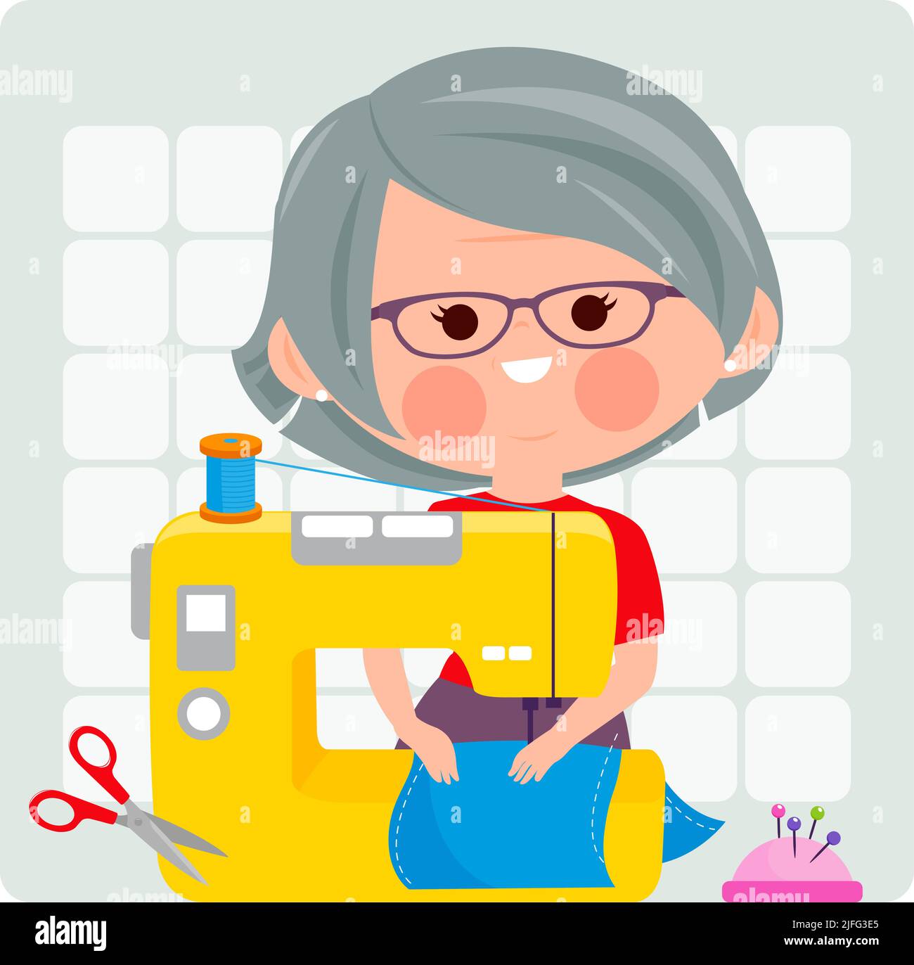 Senior seamstress using her sewing machine. Vector illustration Stock Vector