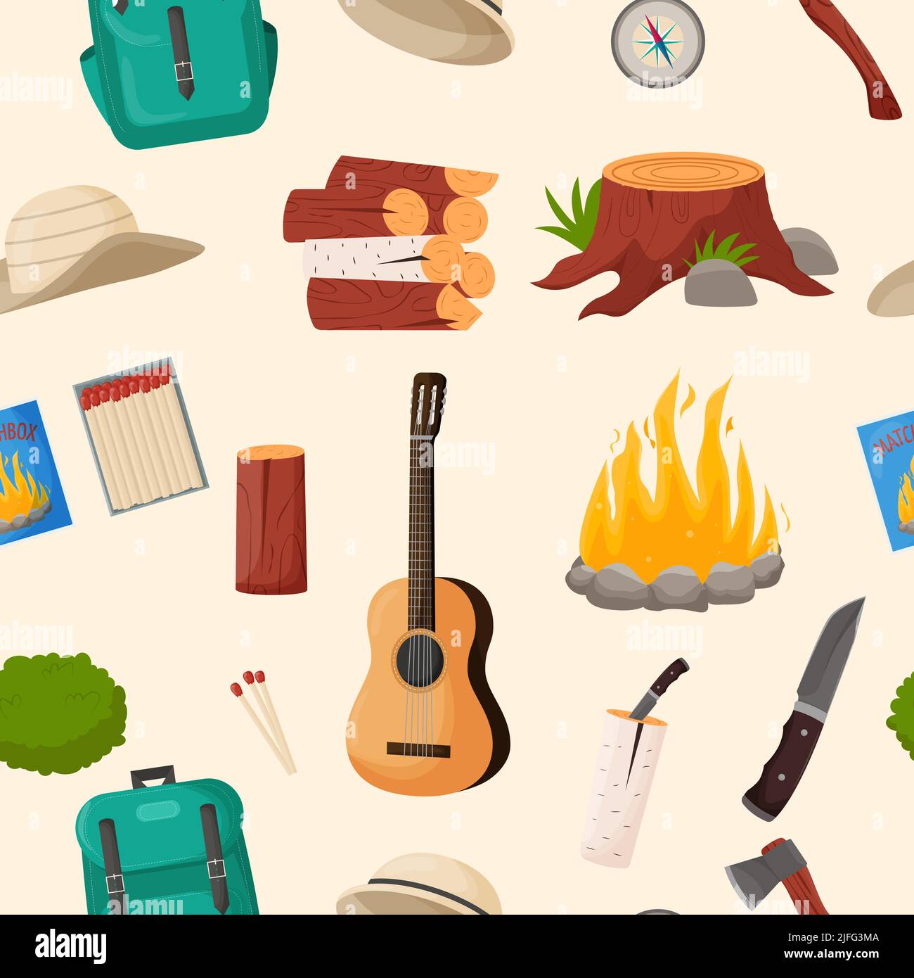 Camping and hiking seamless pattern. Summer camp travel tools ...