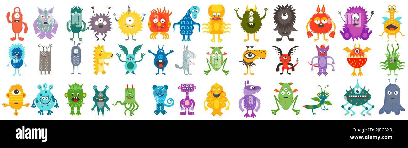 Cute monster characters set vector illustration. Cartoon funny germ and bacteria, angry and happy alien scary animal, comic goblin with crazy eyes, teeth and tongue in mouth isolated on white Stock Vector