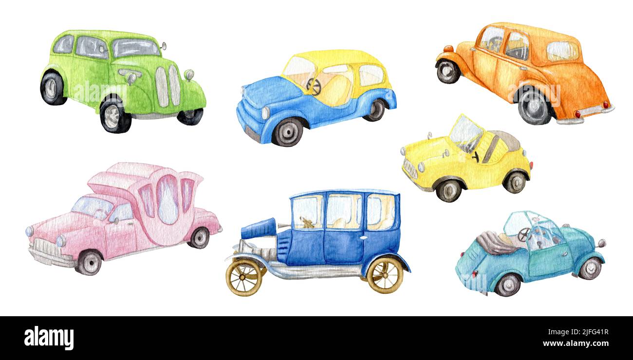 Big set with cars. Illustration of Watercolor Machines. Vintage transport for children. Design for stickers, icon. Stock Photo