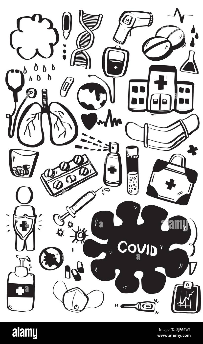 Covid-19 lungs virus vector hand drawn doodles over white background. Stock Vector