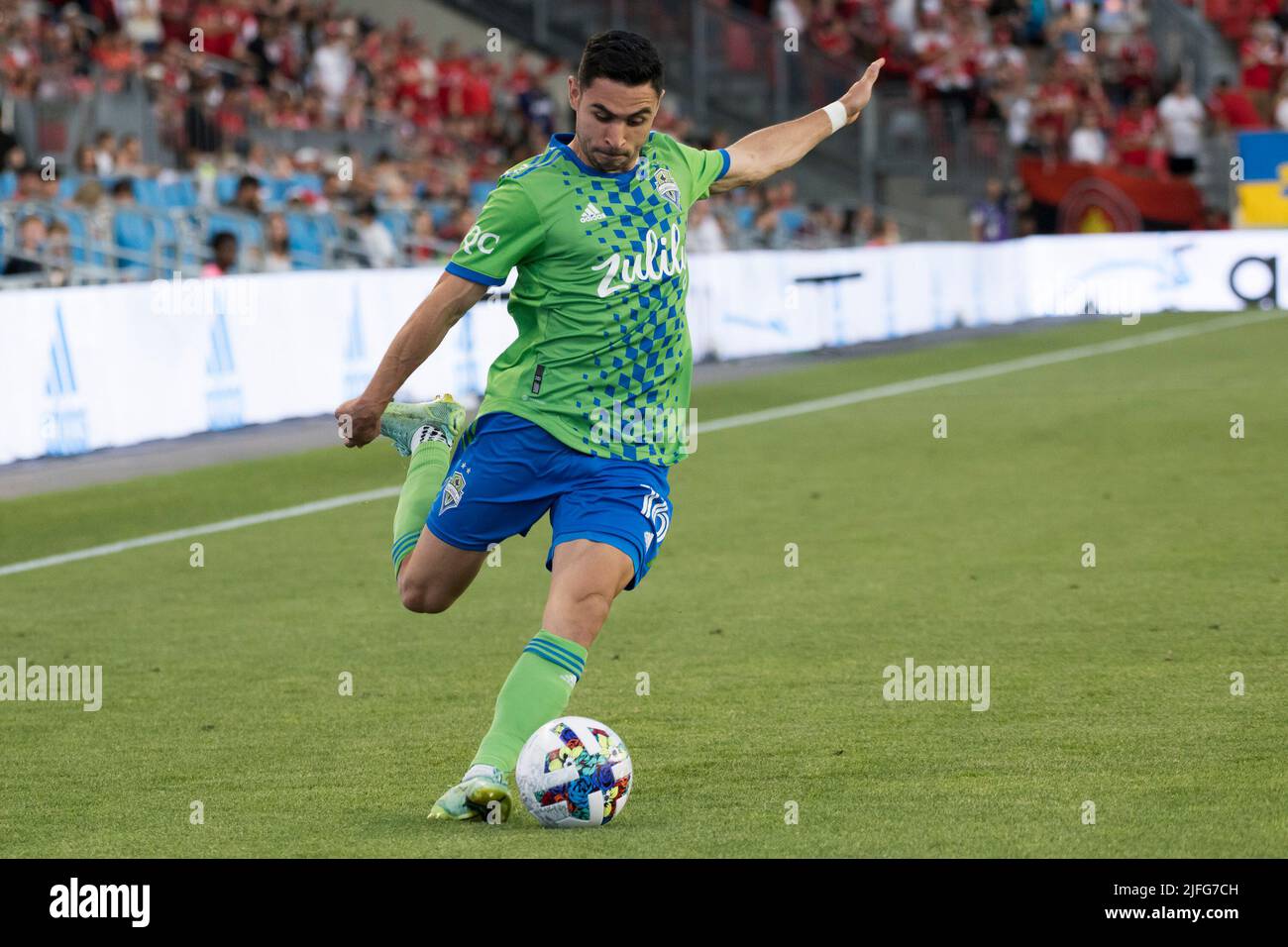 Toronto, Canada. 02nd July, 2022. Alex Roldan (16) in action during the MLS game between Toronto FC and Seattle Sounders FC at BMO field in Toronto. The game ended 2-0 For Seattle Sounders FC. Credit: SOPA Images Limited/Alamy Live News Stock Photo