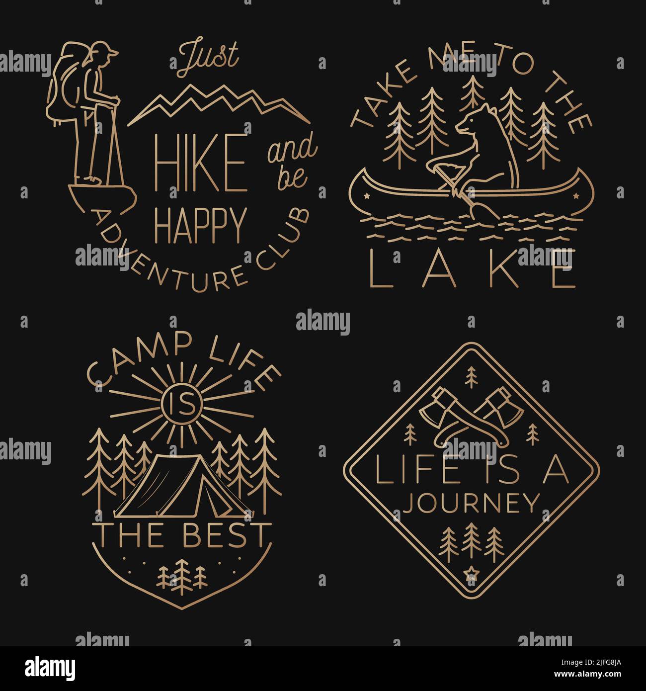 Set of camping badges, patches. Vector illustration. Concept for shirt or logo, print, stamp or tee. Vintage line art design with bear in canoe, lake Stock Vector