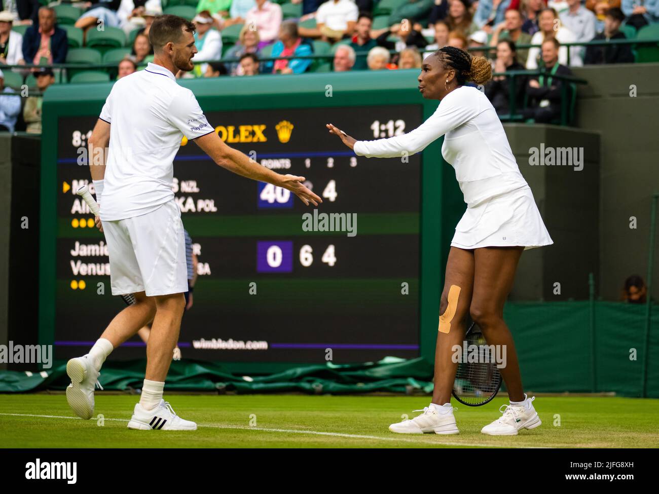 Venus Williams of the United States & Jamie Murray of Great Britain in action during the first round of mixed doubles at the 2022 Wimbledon Championships, Grand Slam tennis tournament on July 1, 2022 at All England Lawn Tennis Club in Wimbledon near London, England - Photo: Rob Prange/DPPI/LiveMedia Stock Photo