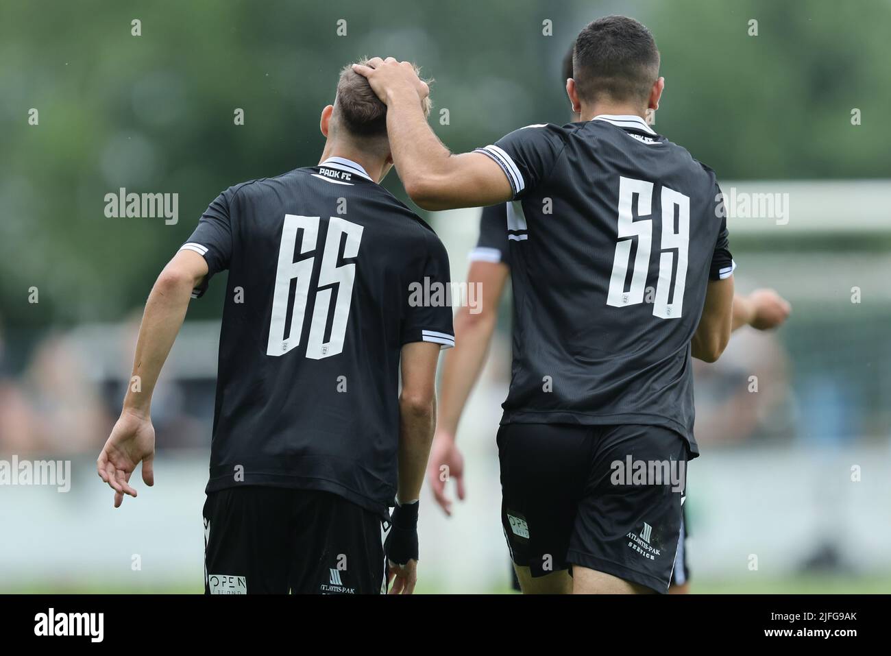 WENUM WIESEL, NETHERLANDS - JULY 2: Ioannis Konstantelias of PAOK  Thessaloniki, Konstantinos Koulierakis of PAOK Thessaloniki during the Pre  Season Friendly match between FC Groningen and PAOK at the Wiesel on July