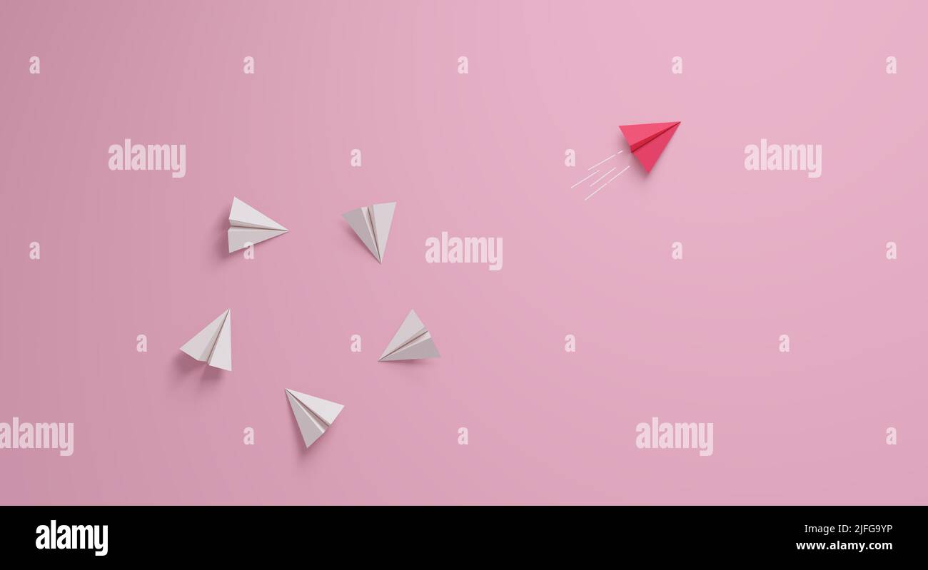 Women's leadership concept. Individual and unique leader pink paper airplane changing direction. 3d rendering. Stock Photo