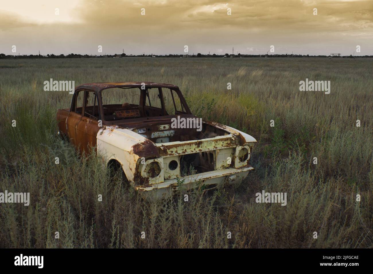 abandoned in the desert the old rusty cab of the passenger car Stock ...