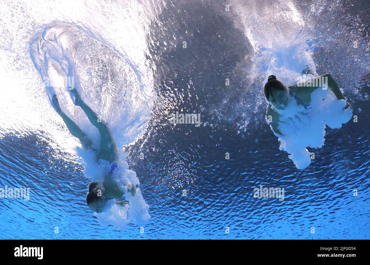 Diving - FINA World Championships - Duna Arena, Budapest, Hungary - July 3, 2022 France's Jade Gillet and Nais Gillet in action during the women's 3m synchronized preliminary REUTERS/Antonio Bronic Stock Photo