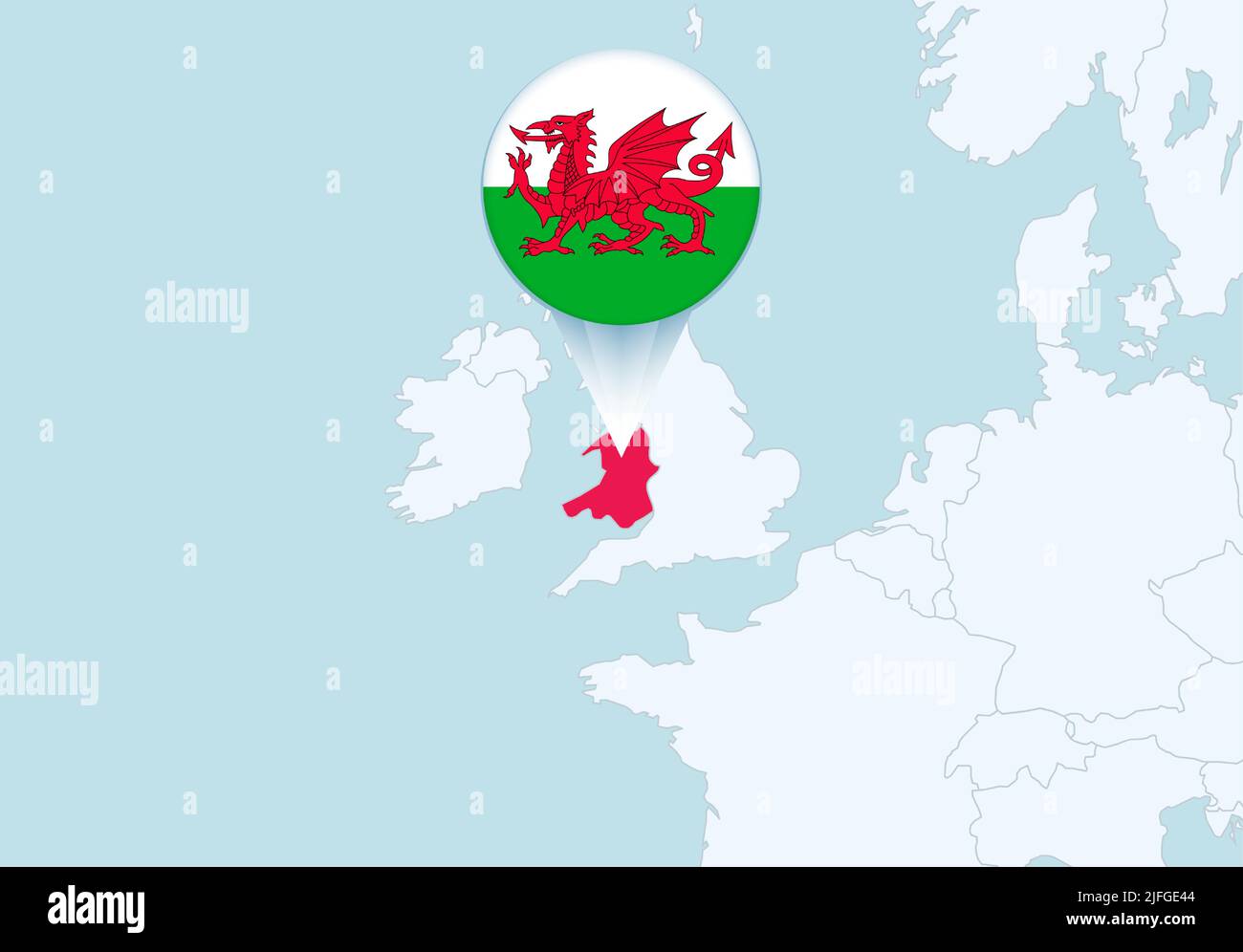 Europe with selected Wales map and Wales flag icon. Vector map and flag