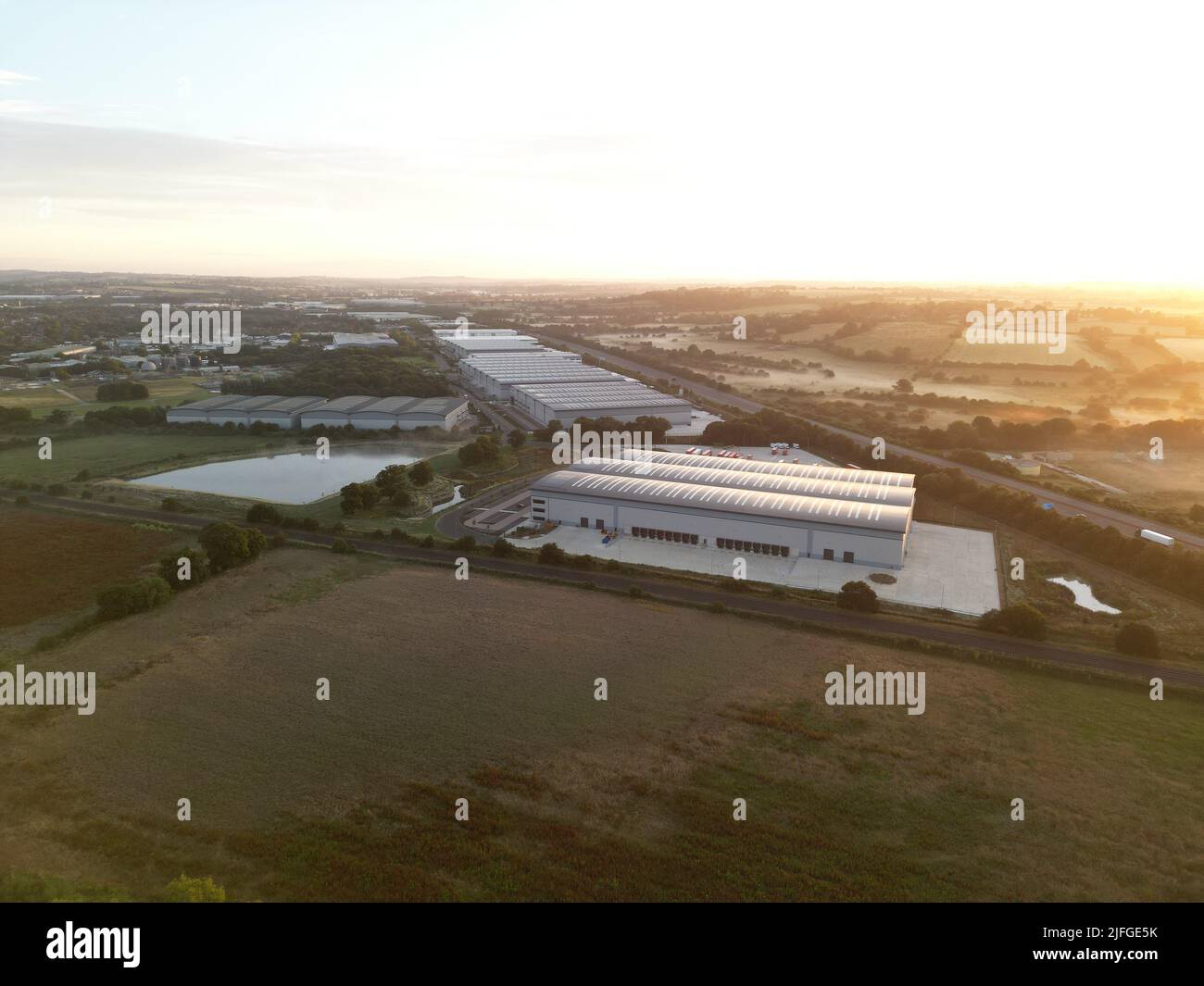M40 motorway warehouse Aerial photo. Cherwell valley. Oxfordshire