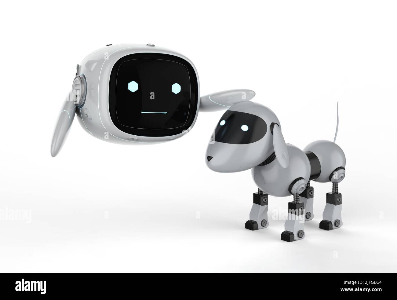 3d rendering cute and small artificial intelligence robot play with dog robot Stock Photo