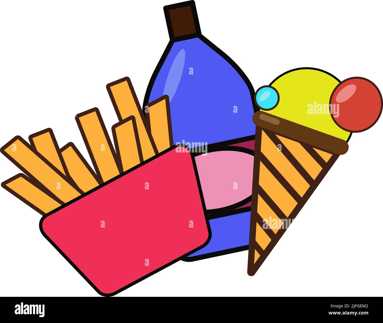 Fast food menu, regular ice cream with french fries and drink Stock