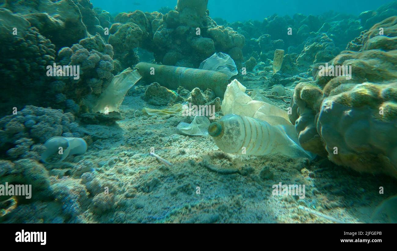 Seabed of beautiful coral reef covered with plastic and other garbage, Red sea, Egypt Stock Photo