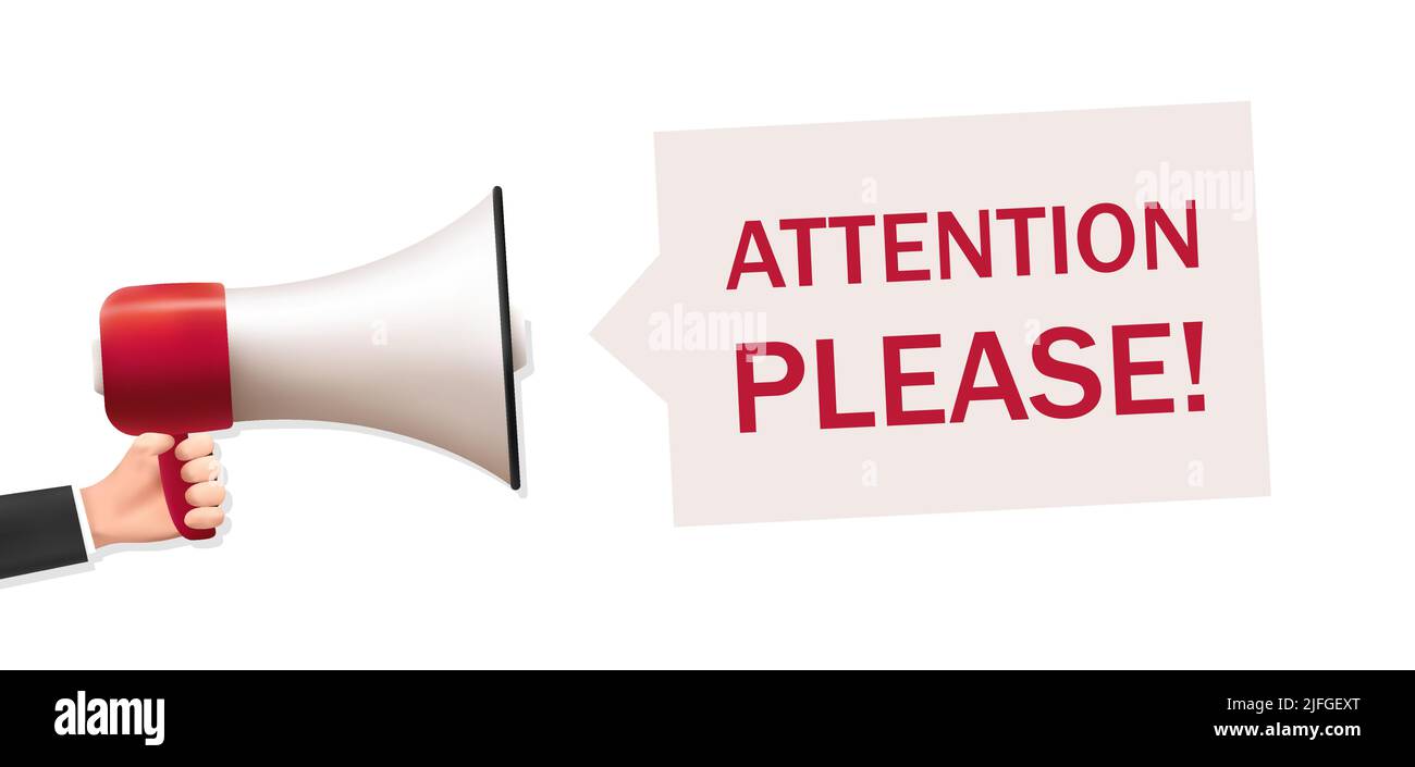 Attention please sign with Megaphone in hands. Important message, pay attention to the banner. Stock Vector