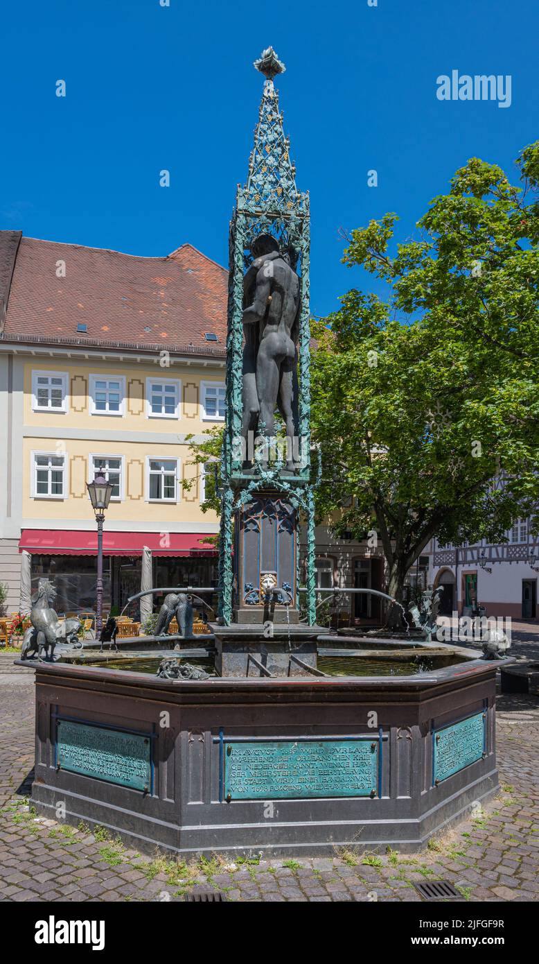 The fountain of life (in traditional language fountain of love) at the Town Hall Square in Durlach. Karlsruhe, Baden-Wuerttemberg, Germany, Europe Stock Photo