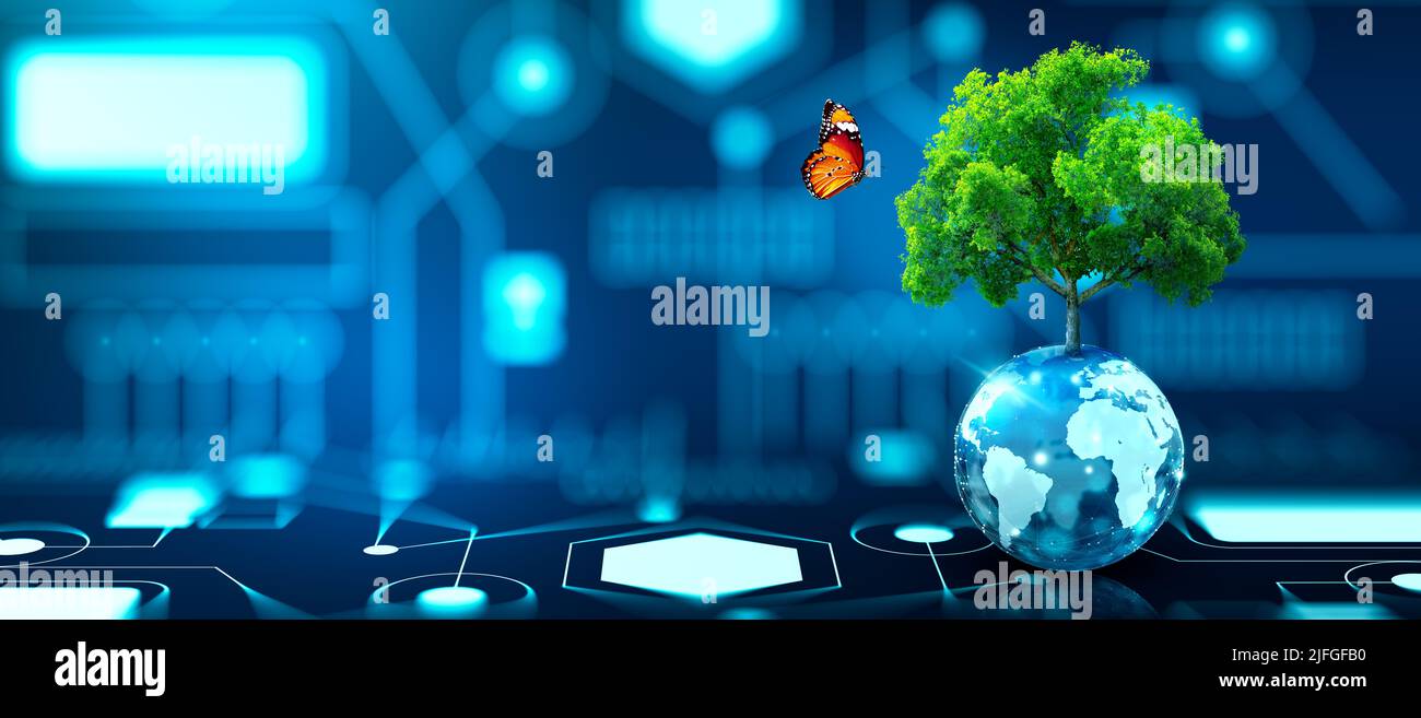 Tree growing on crystal globe. Digital Convergence and and Technology Convergence. Blue light, binary and network background. Green Computing, IT. Stock Photo