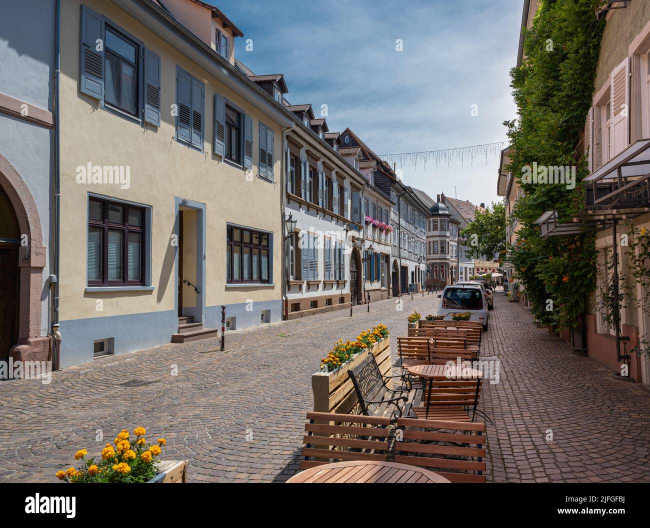Old street in Durlach with beautiful old houses. Karlsruhe, Baden-Wuerttemberg, Germany, Europe Stock Photo