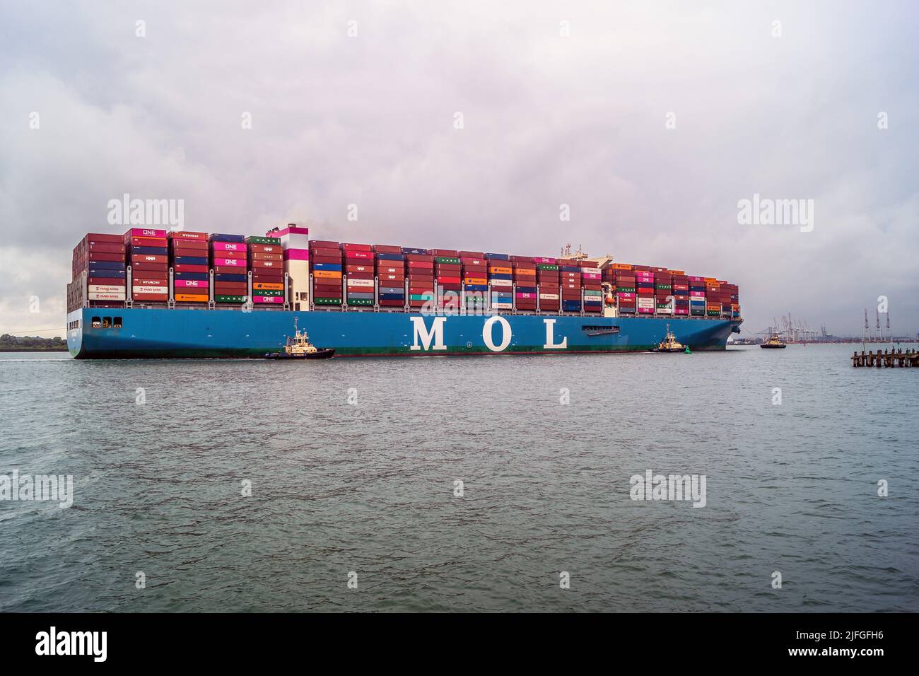 MOL container ship heads towards the Port of Southampton, England, UK. Stock Photo