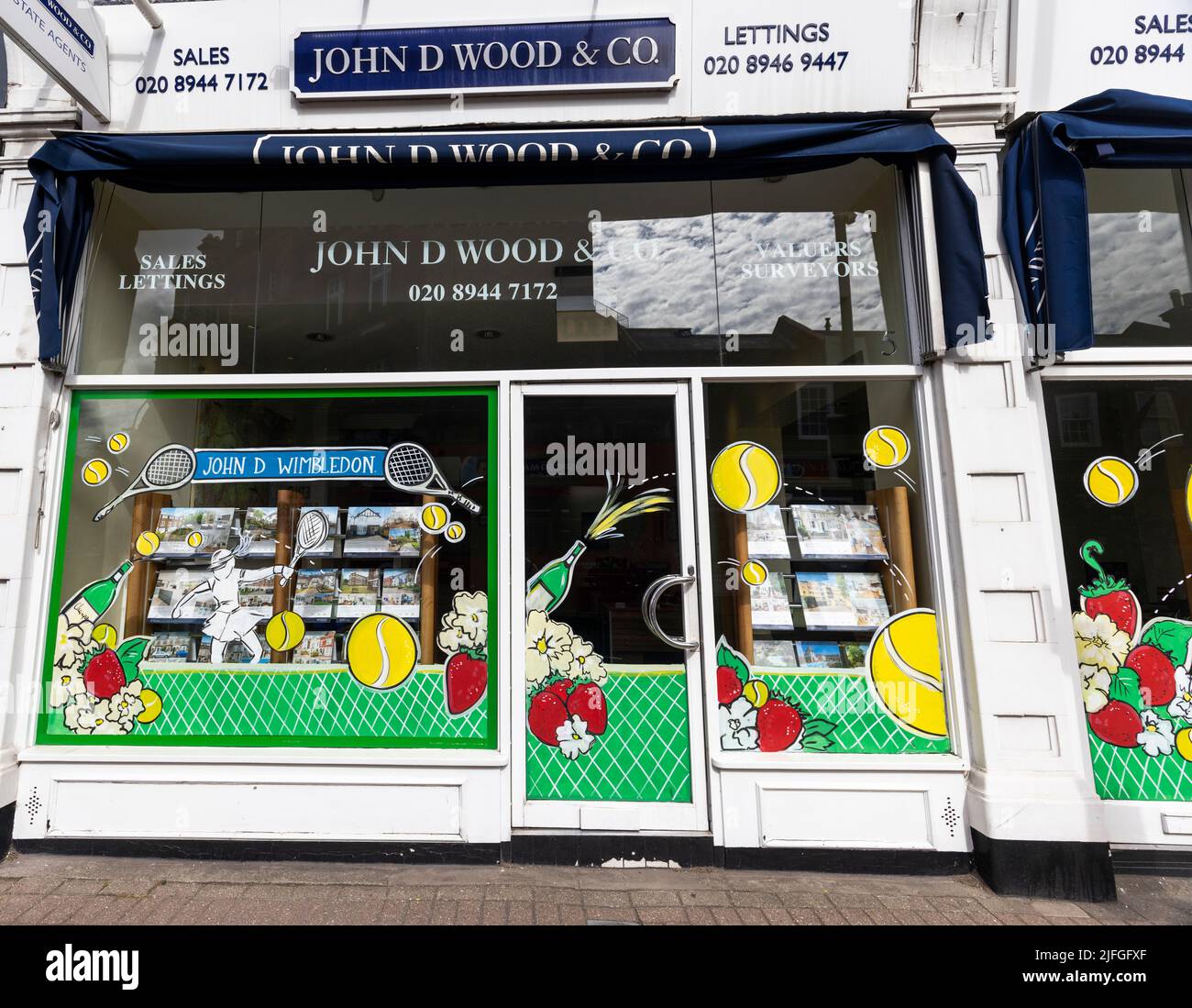 General view of Wimbledon themed shop fronts at Wimbledon Village
