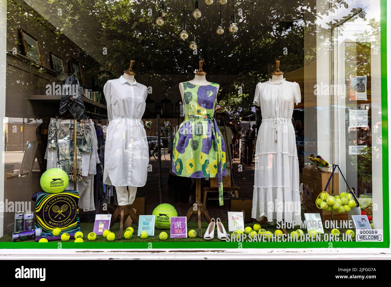 General view of Wimbledon themed shop fronts at Wimbledon Village during day seven of the 2022