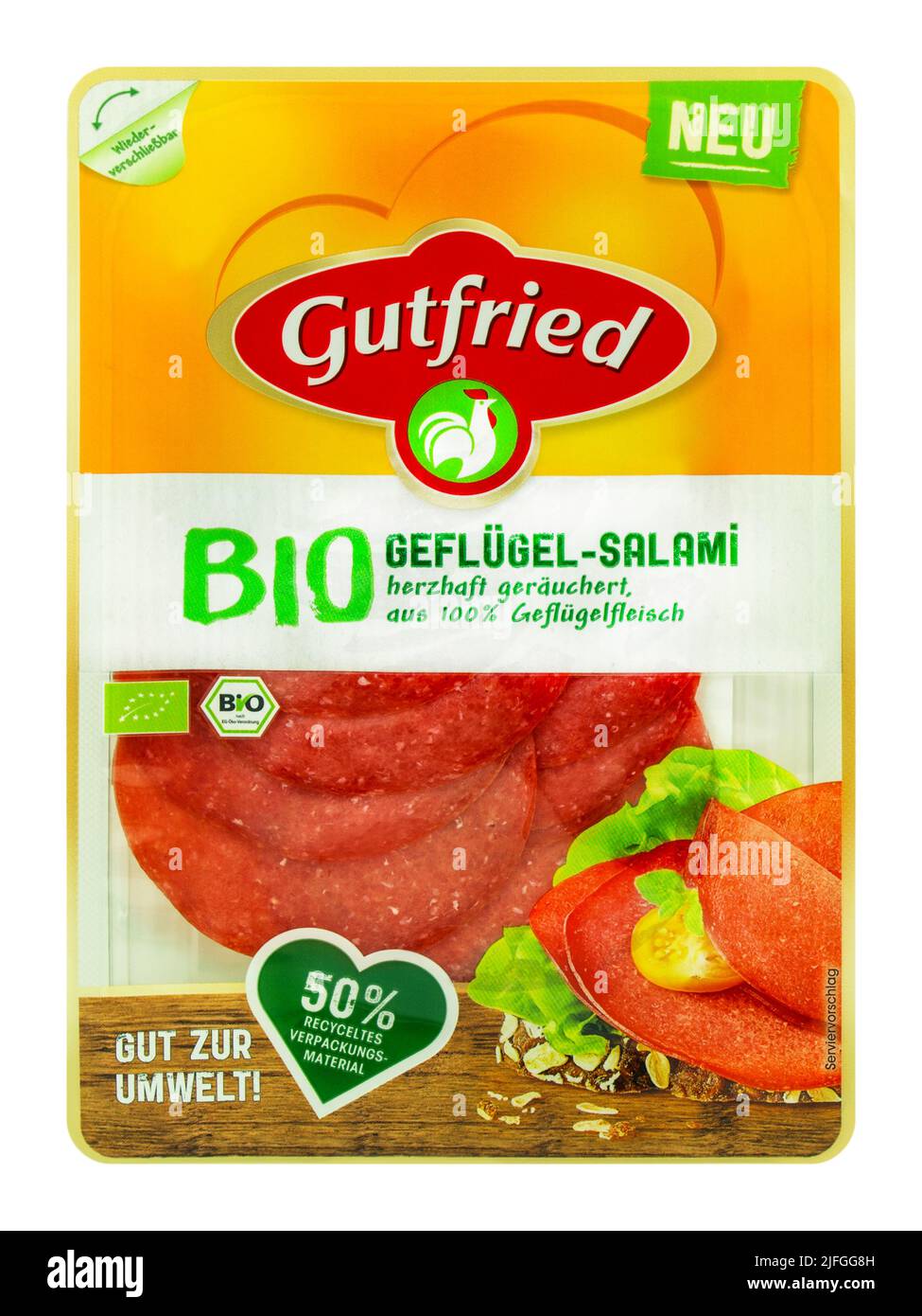Deutsches Bio Produkt von Gutfried Geflügel-Salami und Verpackung mit EU-Siegel auf weissem Hintergrund Stock Photo