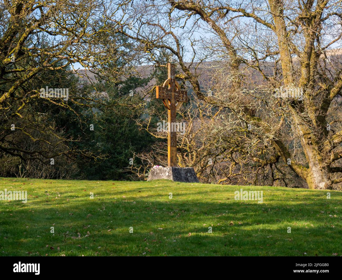 A cross in the grounds of Schoenstatt Shrine in Campsie Glen, Scotland which is modelled on the original shrine at Schoenstatt in Germany. Stock Photo