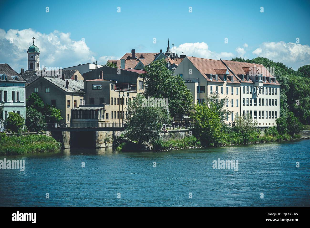 Idyll on the Jahn island on the Danube river in Regensburg in Bavaria Stock Photo