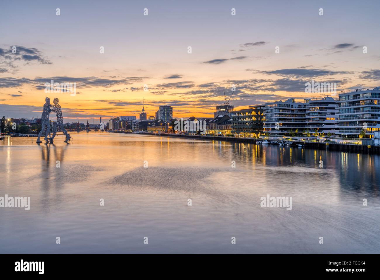 Sunset at he river Spree in Berlin with the famous TV Tower in the distance Stock Photo