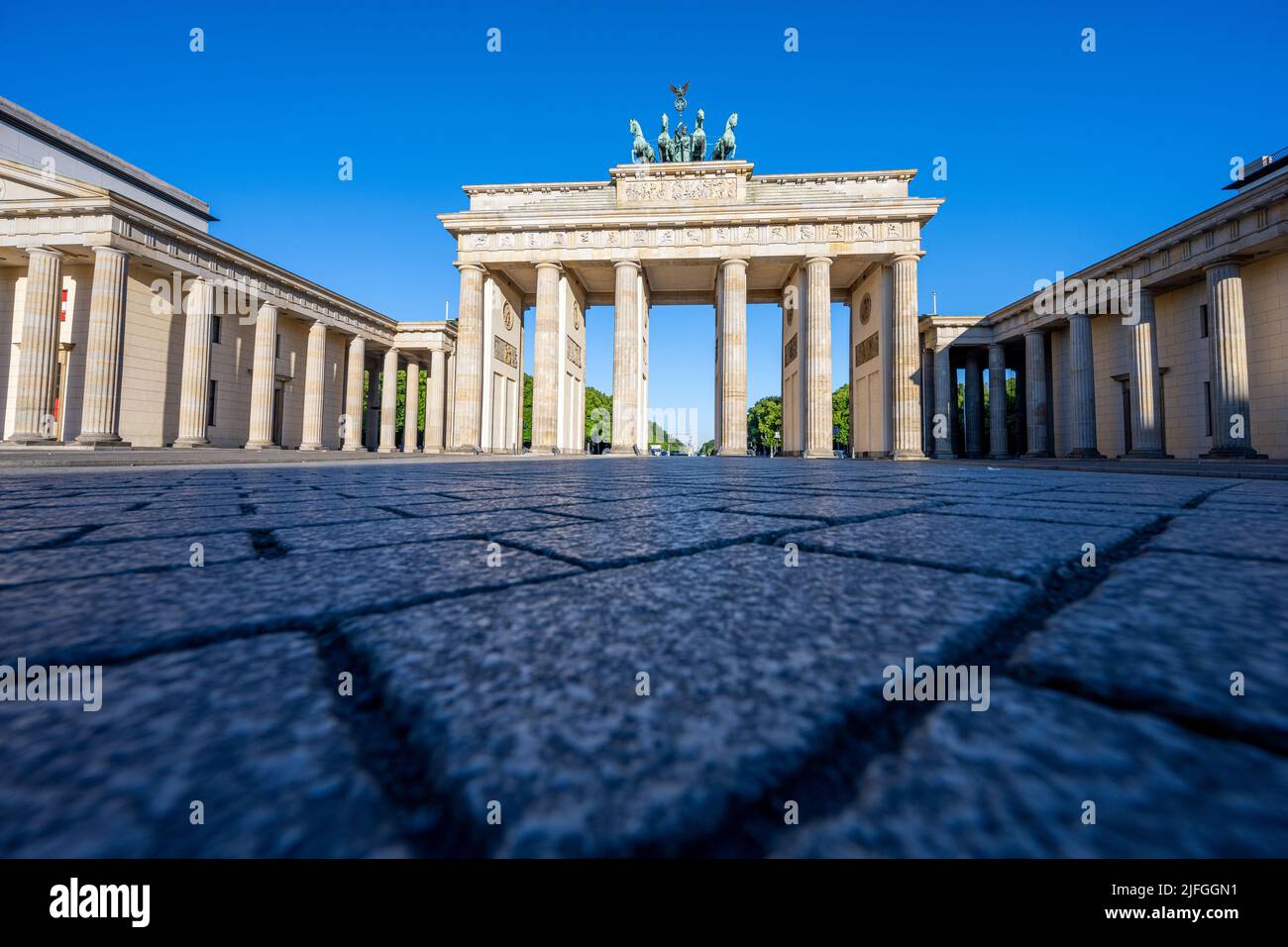Low angle view of the famous Brandenburg Gate in Berlin Stock Photo