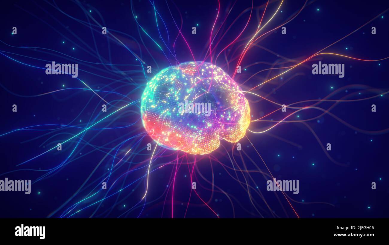 Digital brain connections spreading out. Artificial intelligence and neural network  concept. Brain connectome and neural connections mapping concept Stock Photo