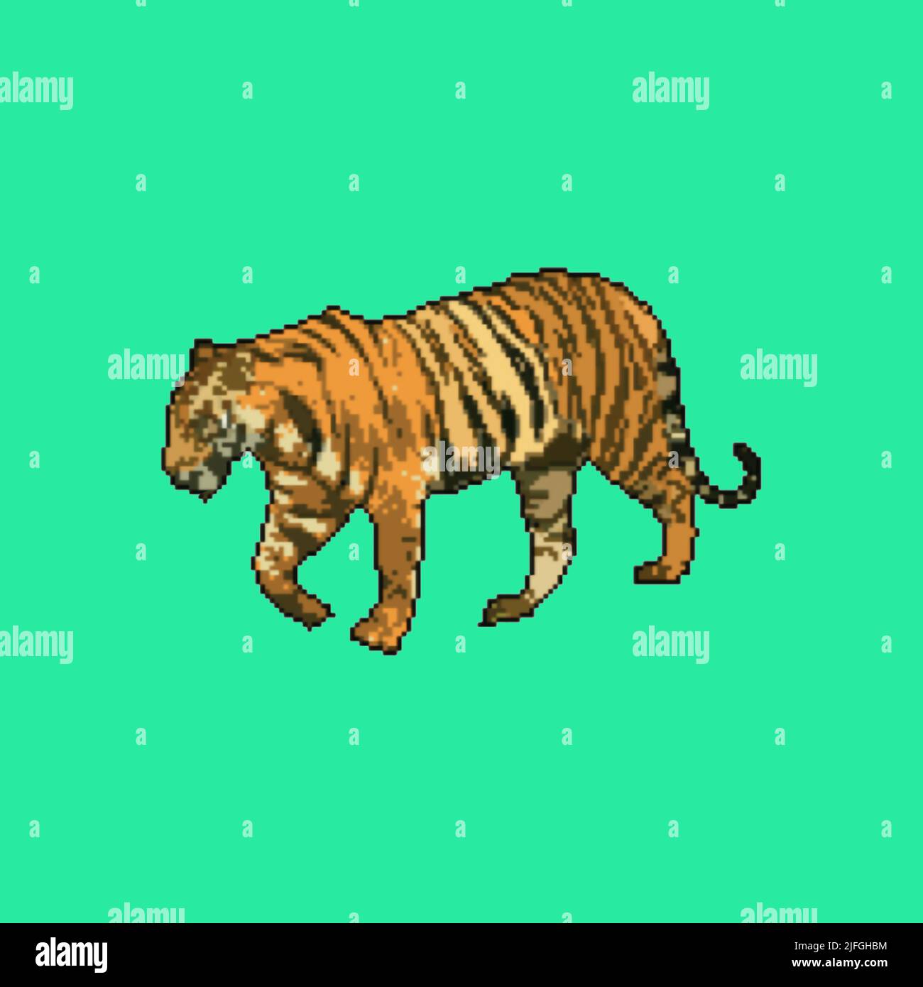 Pixel portrait of a tiger, 8-bit character on a green background Stock Photo