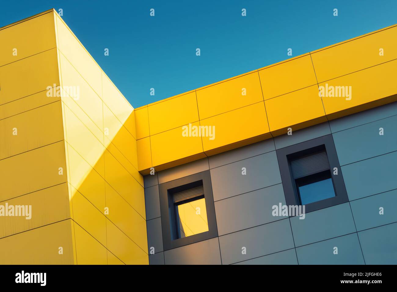 Urban Contemporary architecture on a clear day. Close up of a multicolored office building in the city. Stock Photo