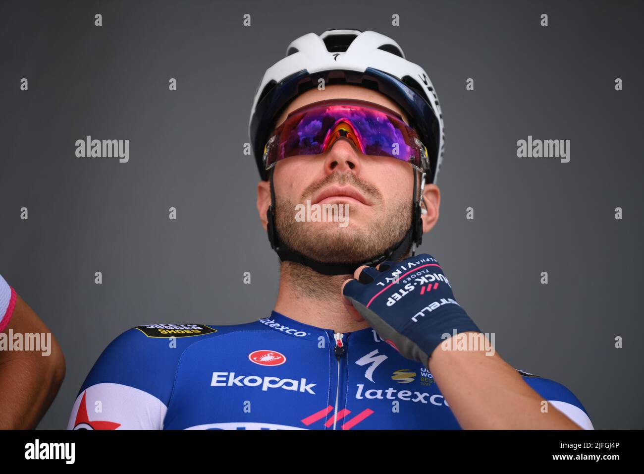 Vejle to Sonderborg, Denmark. 3rd July, 2022. Vejle, Denmark. 03rd July, 2022. French Florian Senechal of Quick-Step Alpha Vinyl pictured at the start of stage three of the Tour de France cycling race, 182km from Vejle to Sonderborg, Denmark on Sunday 03 July 2022. This year's Tour de France takes place from 01 to 24 July 2022 and starts with three stages in Denmark. BELGA PHOTO DAVID STOCKMAN Credit: Belga News Agency/Alamy Live News Credit: Belga News Agency/Alamy Live News Stock Photo