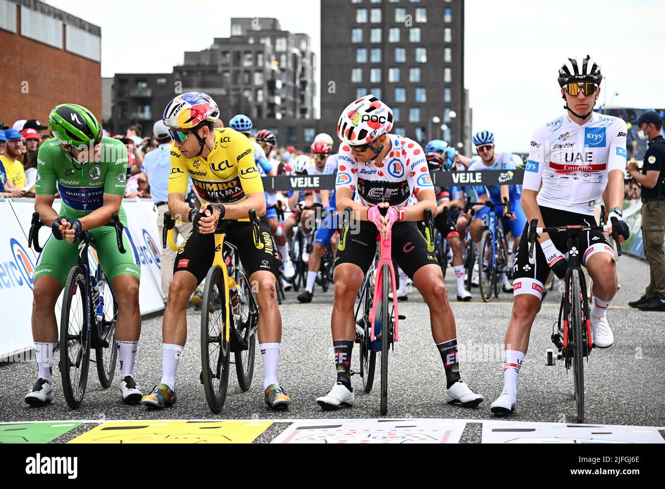 Vejle to Sonderborg, Denmark. 3rd July, 2022. Vejle, Denmark. 03rd July, 2022. Dutch Fabio Jakobsen of Quick-Step Alpha Vinyl, Belgian Wout Van Aert of Team Jumbo-Visma, Danish Magnus Cort Nielsen of EF Education-EasyPost and Slovenian Tadej Pogacar of UAE Team Emirates pictured at the start of stage three of the Tour de France cycling race, 182km from Vejle to Sonderborg, Denmark on Sunday 03 July 2022. This year's Tour de France takes place from 01 to 24 July 2022 and starts with three stages in Denmark. BELGA PHOTO JASPER JACOBS Credit: Belga News Agency/Alamy Live News Credit: Belga News A Stock Photo