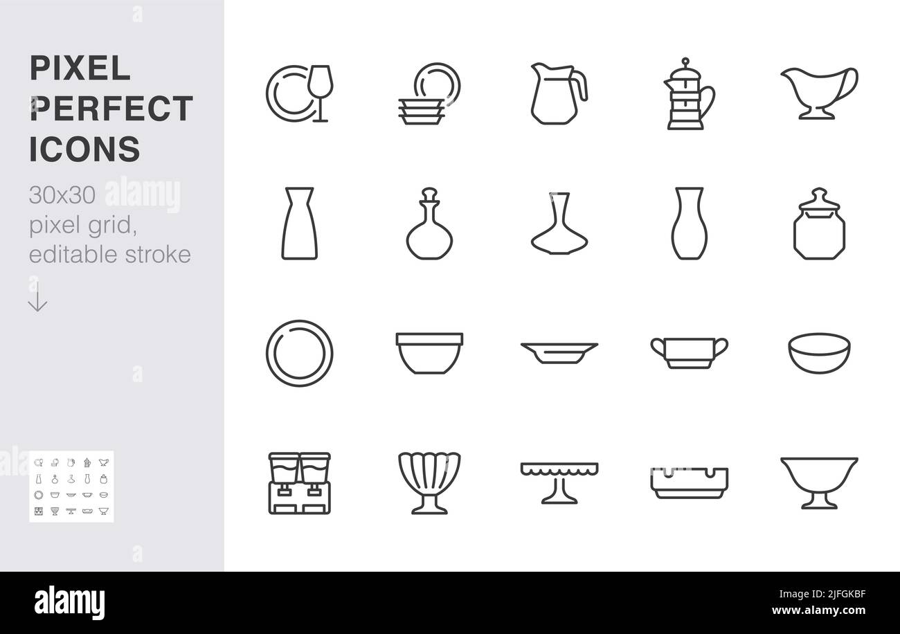 Glass crockery line icon set. Tableware plate, jug, dish, ashtray