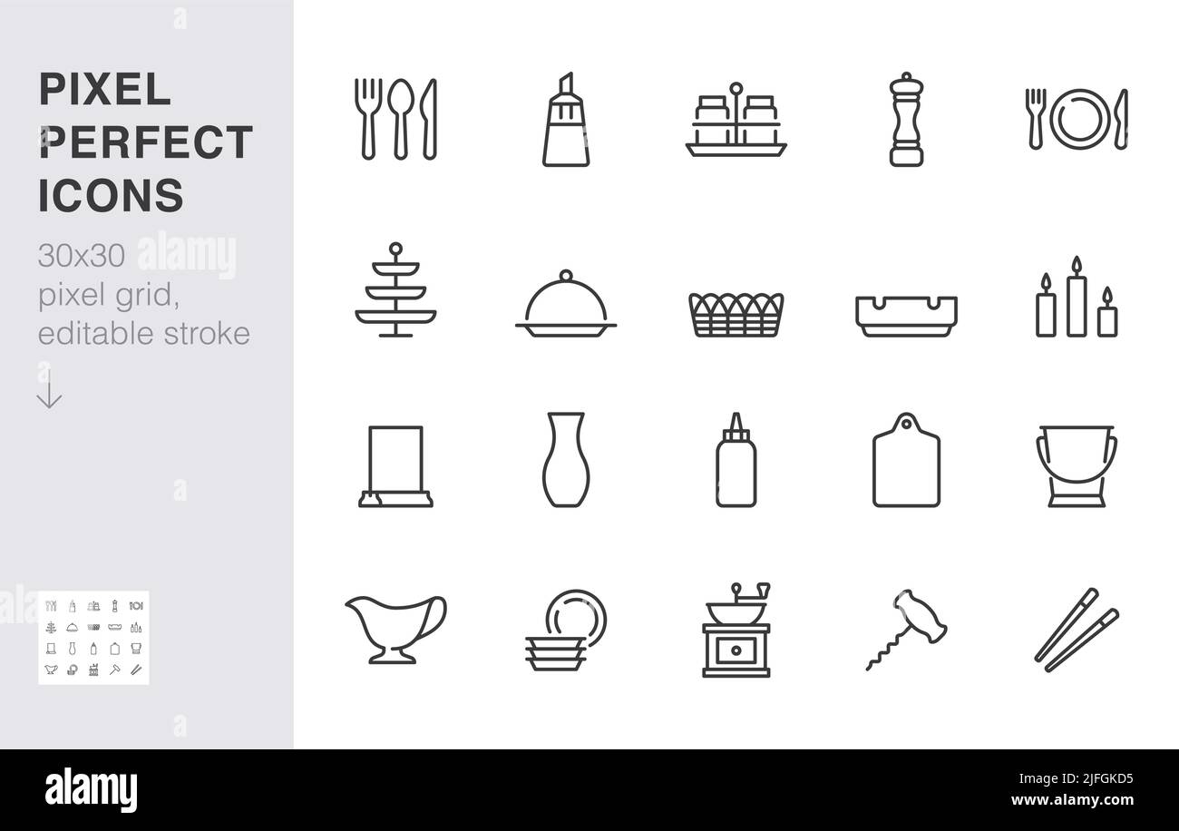 Crockery line icon set. Table setting - sugar bowl, salt shaker, fork, spoon, food sticks, ashtray minimal vector illustration. Simple outline sign of Stock Vector