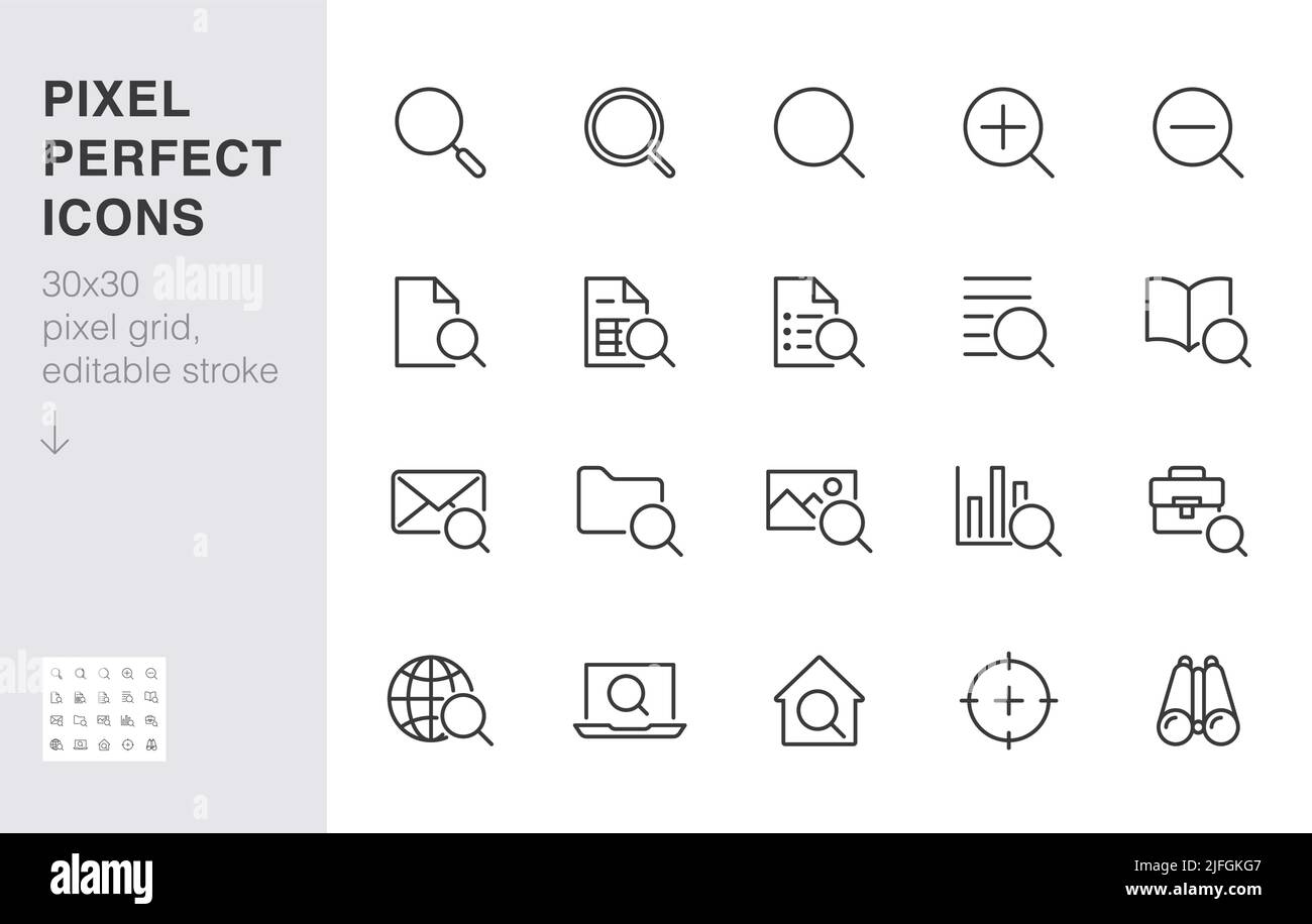 Search line icons set. Zoom, find document, magnify glass symbol, look ...