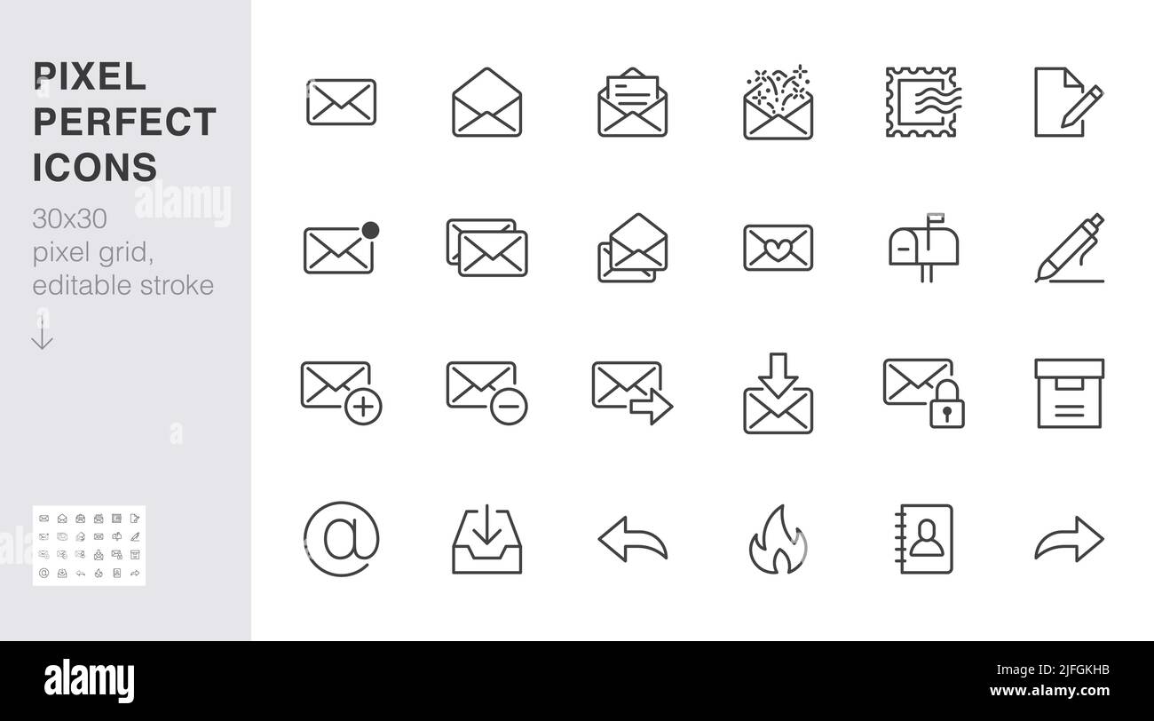 Email line icons set. Letter, spam mail, open envelope, postage stamp