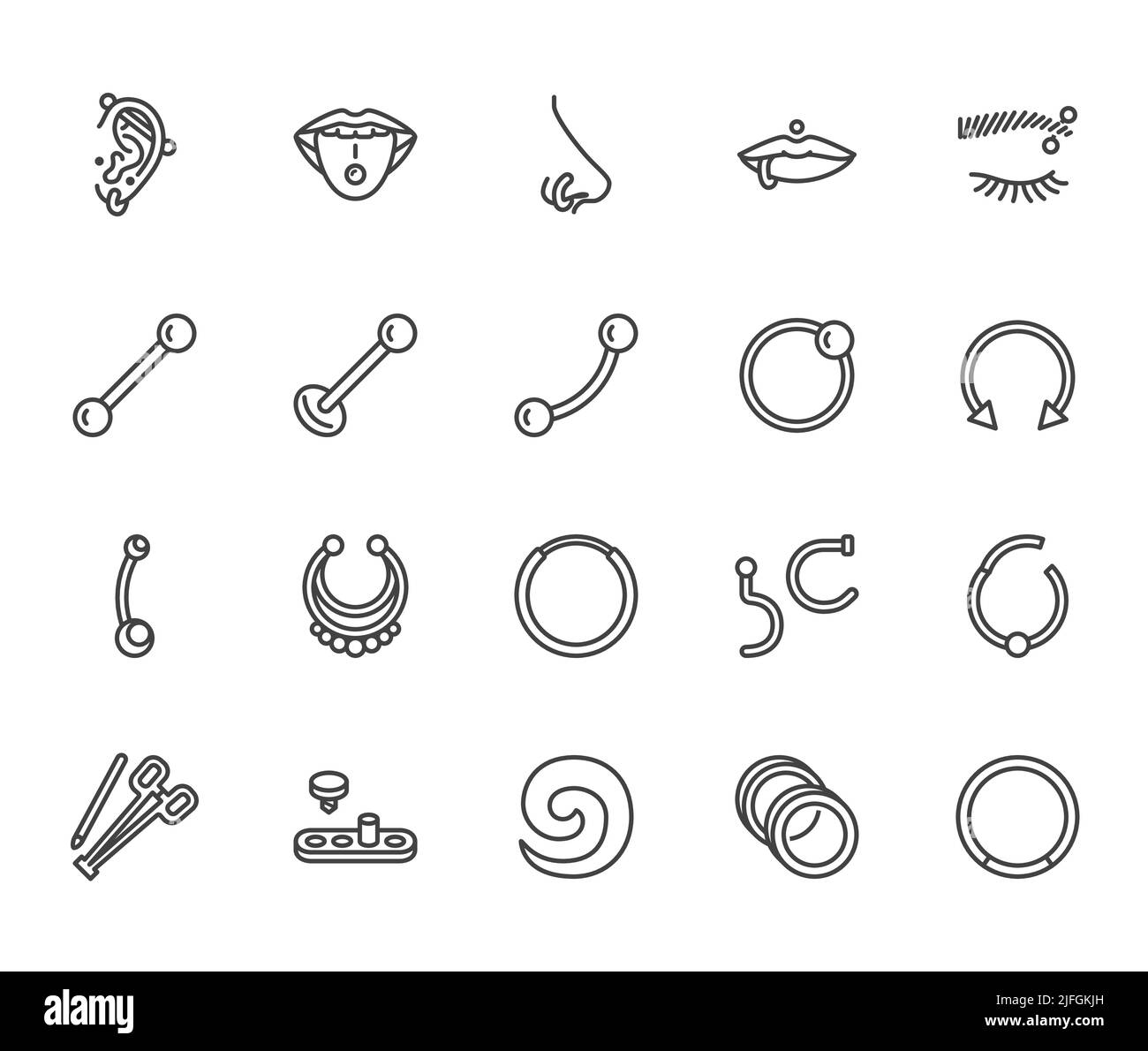 Piercing flat line icons set. Body jewelry, nose hoop, ear ring, tongue labret, tunnels, microdermal vector illustrations. Outline signs for piercings Stock Vector