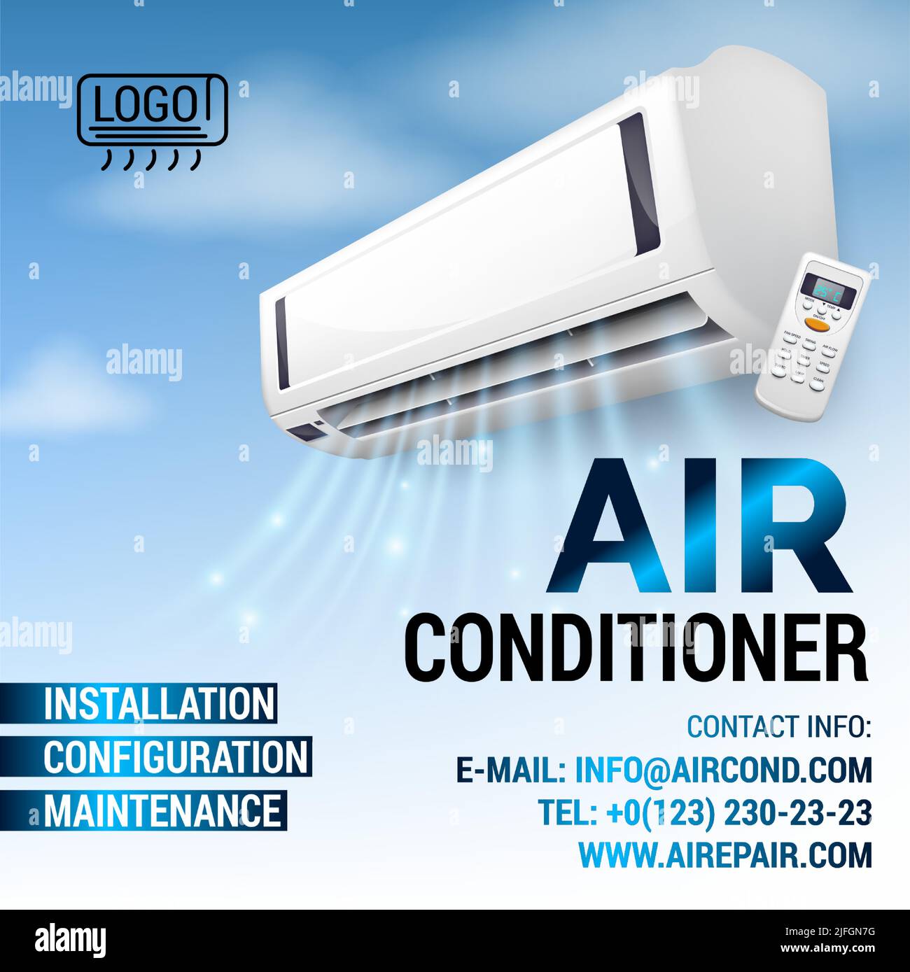Air Conditioning Repair Flyer with Realistic detailed isometric air conditioning blowing cold air in the room, live font Stock Vector