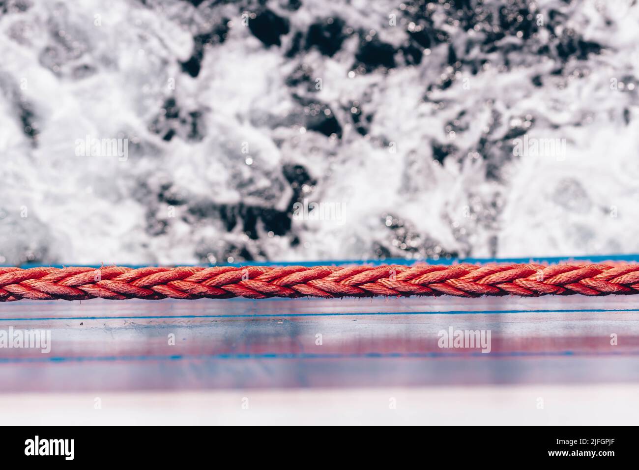 Red boat rope on the boat. Top view Stock Photo