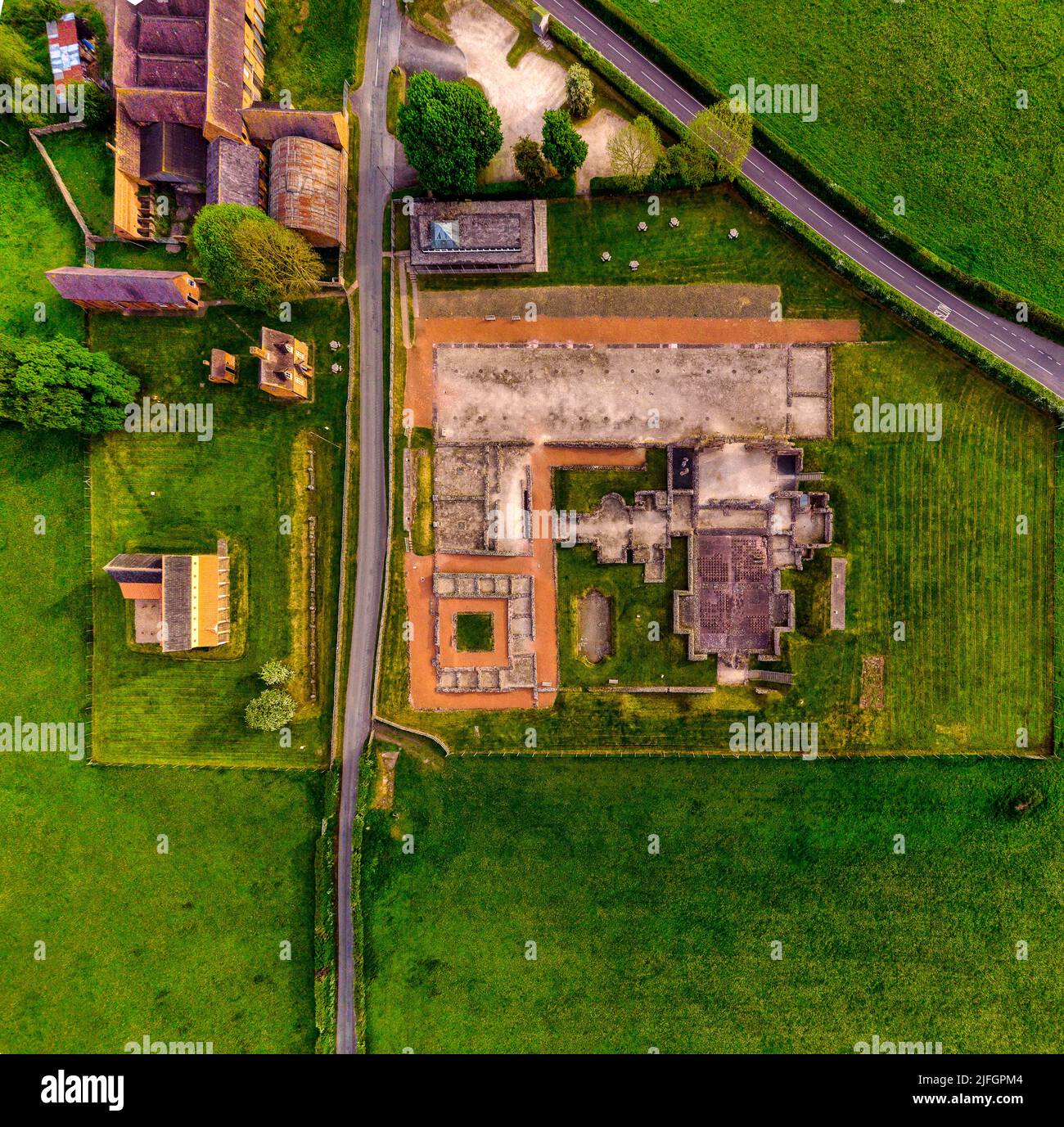 A top view of Wroxeter town's buildings surrounded by beautiful green