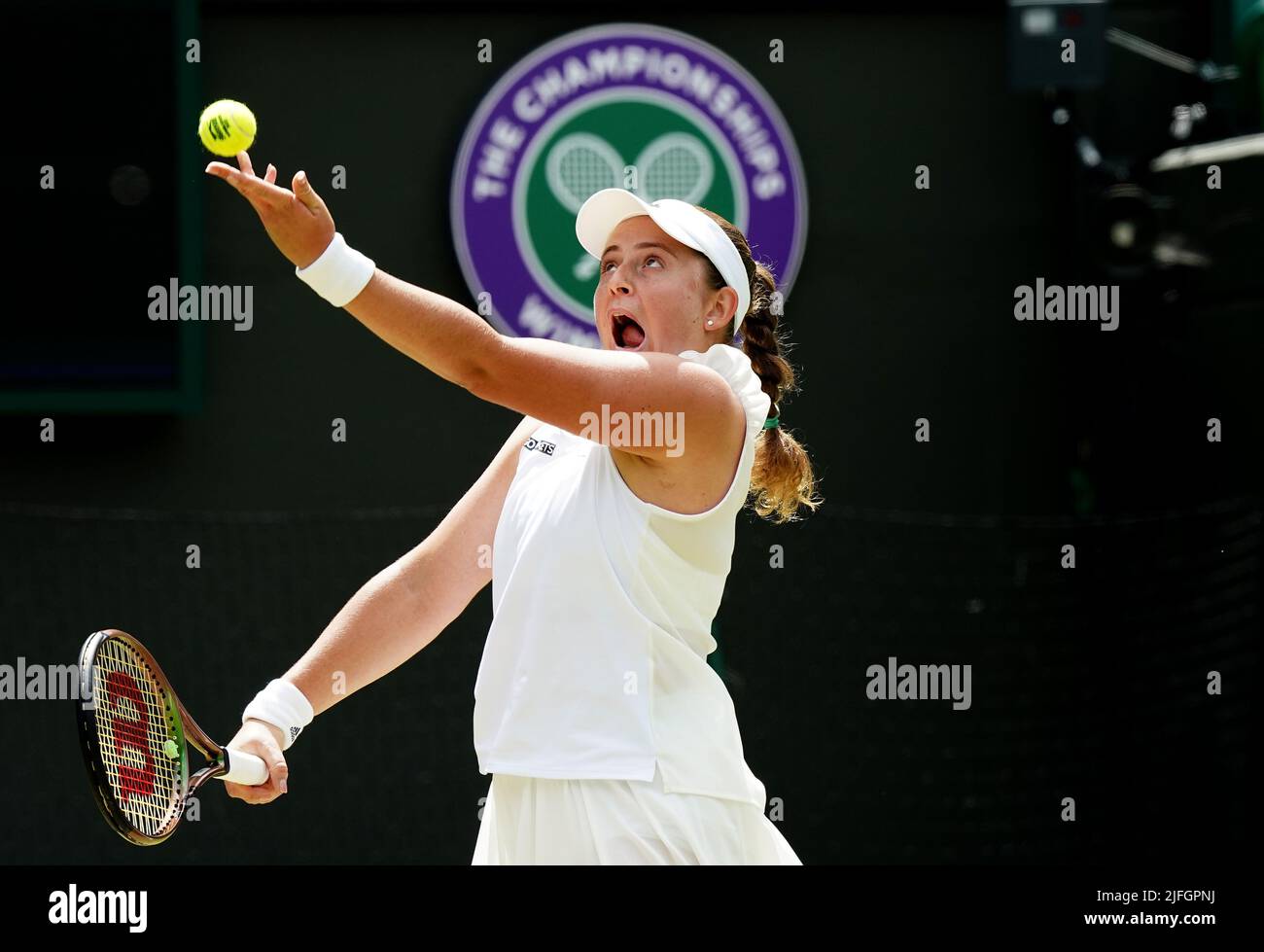 Jelena Ostapenko in action during her Ladies Singles fourth round match against Tatjana Maria during day seven of the 2022 Wimbledon Championships at the All England Lawn Tennis and Croquet Club, Wimbledon. Picture date: Sunday July 3, 2022. Stock Photo